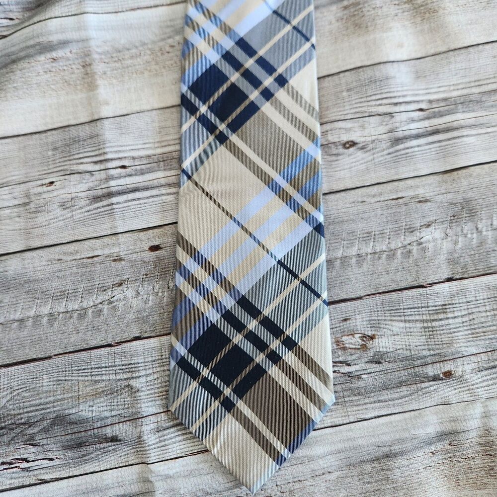 Burma Bibas Silk Tie Mens Plaid Tan Blue Navy Woven Designer Classic 3.5”W 58”L